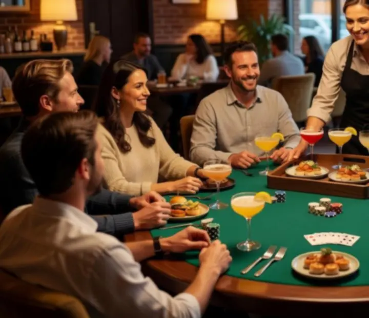 Craft drinks and small plates served at poker tables inside the bistro.