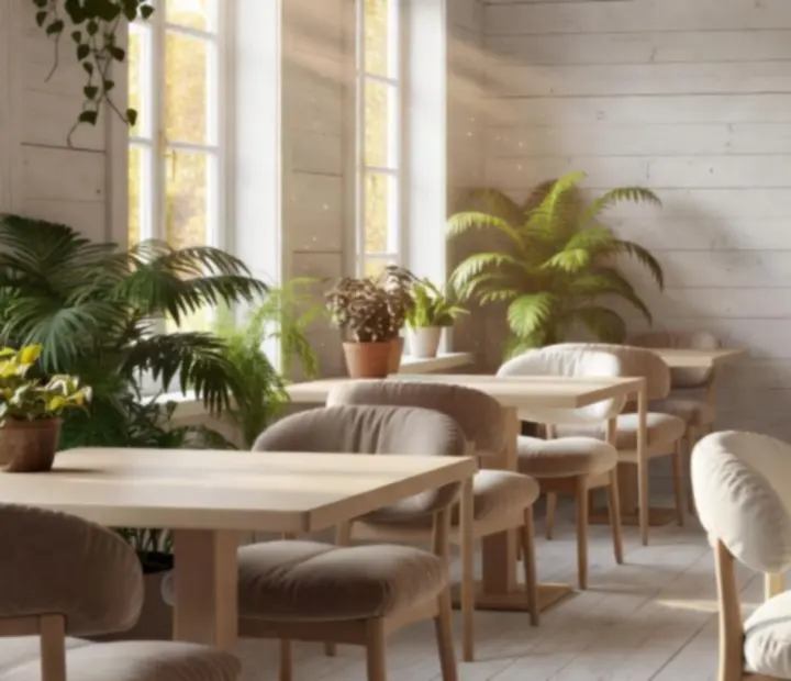 Sunlit bistro dining area with wooden tables at belterhub24