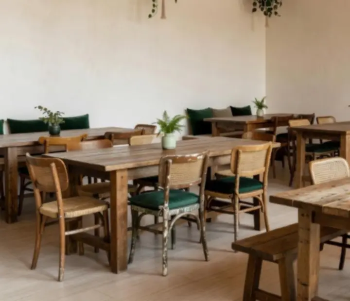 Airy bistro dining floor with spacious tables and soft daylight.