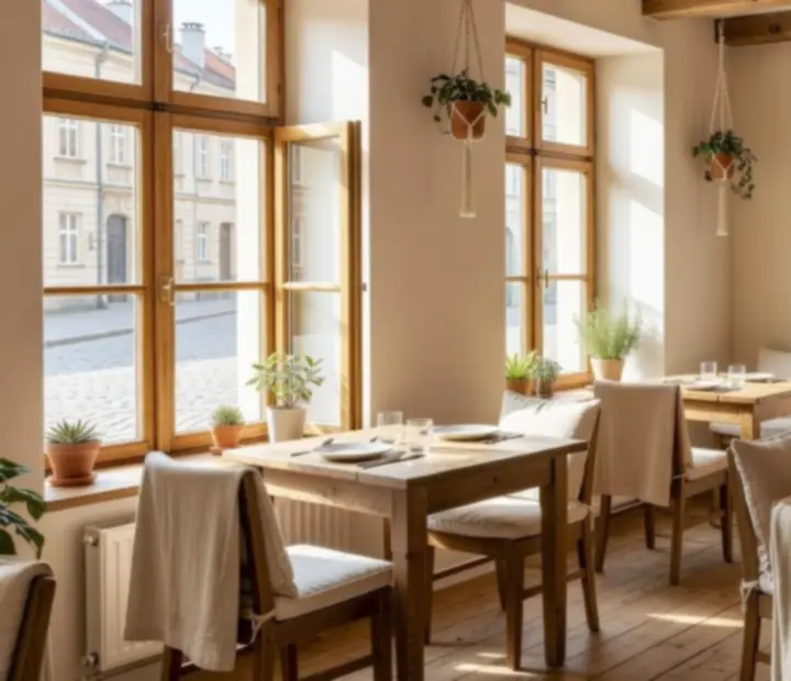 Sunlit bistro interior with rustic wooden tables at BelterHub24