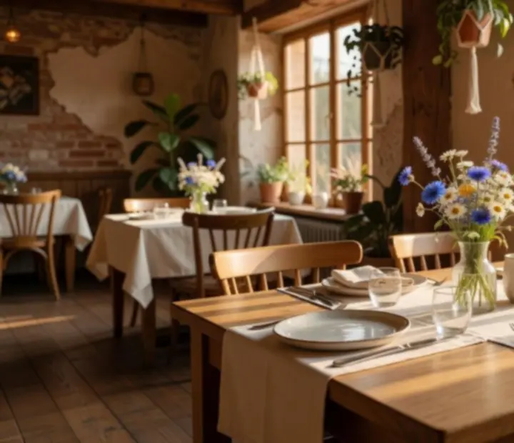 Inviting sunlit bistro table at belterhub24 prepared for guests