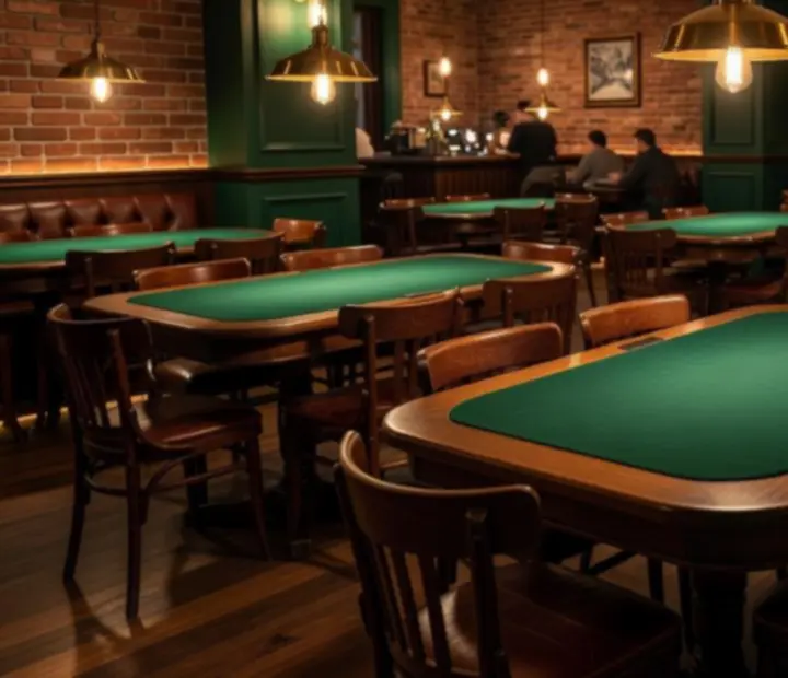 Custom wooden poker table under warm lighting in the belterhub24 poker salon