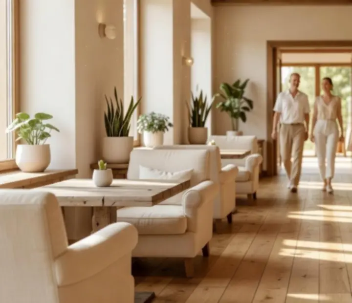 Sunlit entrance lounge of belterhub24 with rustic wood and greenery.