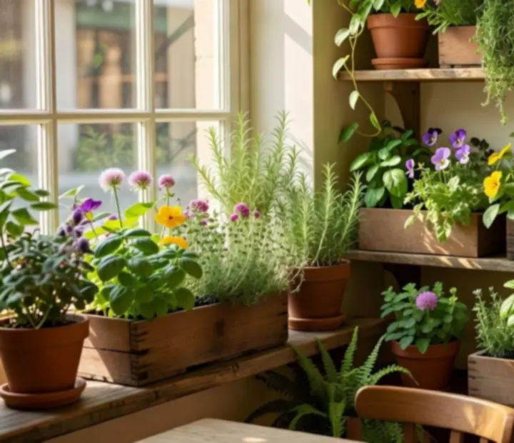 Herb garden nook with fresh herbs and edible flowers near a sunny window.