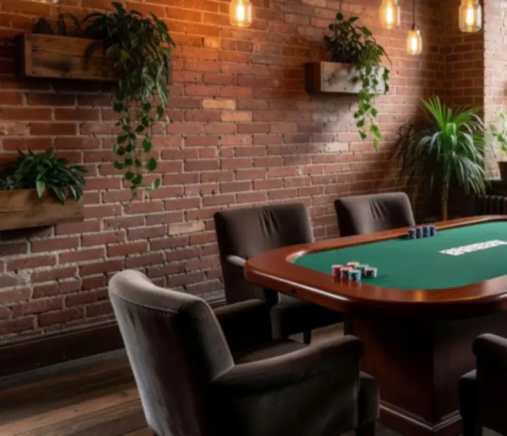 Serene poker room corner with rounded seating and brick wall.