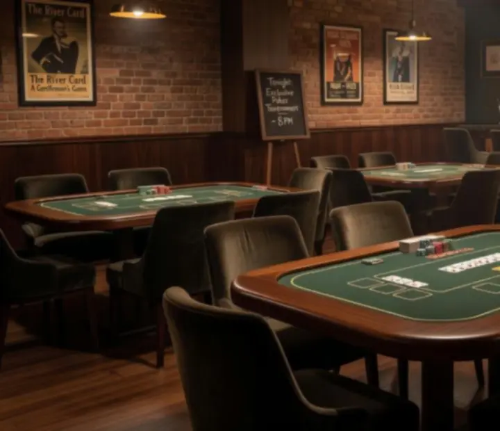 Evening poker room at belterhub24 with custom wooden card tables