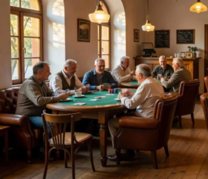 Sun-dappled poker salon with bespoke wooden tables inside belterhub24.