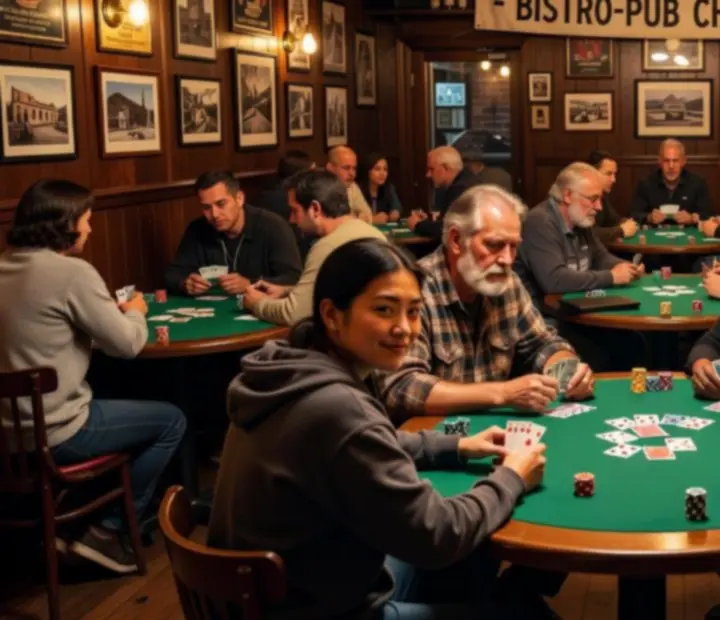 Evening poker tournament at belterhub24 with players seated around wooden tables.
