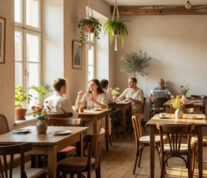 Sunlit Bohemian gastropub interior with wooden tables at belterhub24